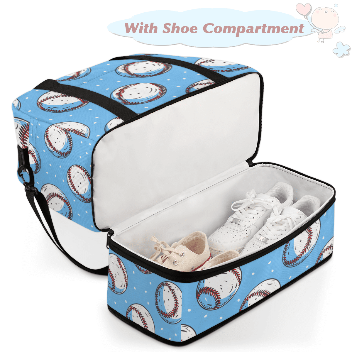 Herdesigns Baseball Sports Travel Duffel Bag with Shoe Compartment Cool Ball Large Foldable Waterproof Weekend Overnight Bag for Beach Swim Pool Bags Sports Gym
