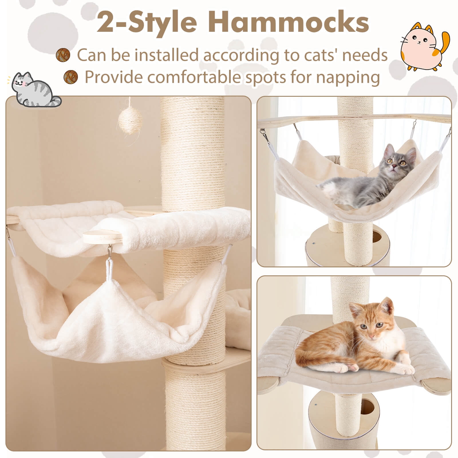 Infans 74" Tall Wooden Cat Tower Tree w/ 2-Story Cat Condo  2-Style Hammocks