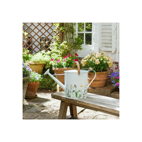 Garden Accessories Metal and Wood Watering Can Floral Print Decorative Home and Garden Decor Accent with Wooden Handle - 10" Multi