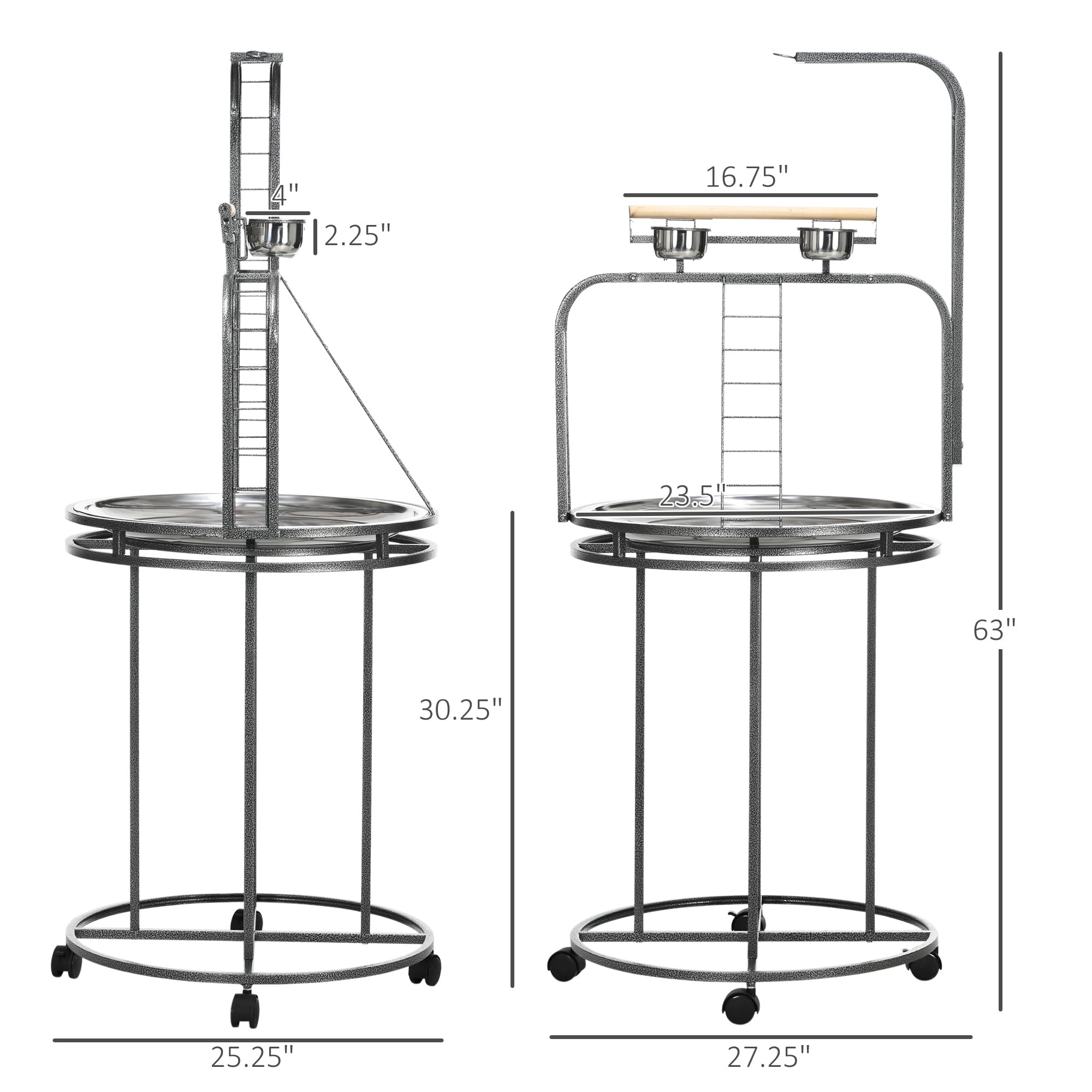 Parrot Stand Large Bird Perch Stand with Toy Hook & 3 Ladders, Parrot Perch with Easy Grip, Bird Wooden Stand, Gray