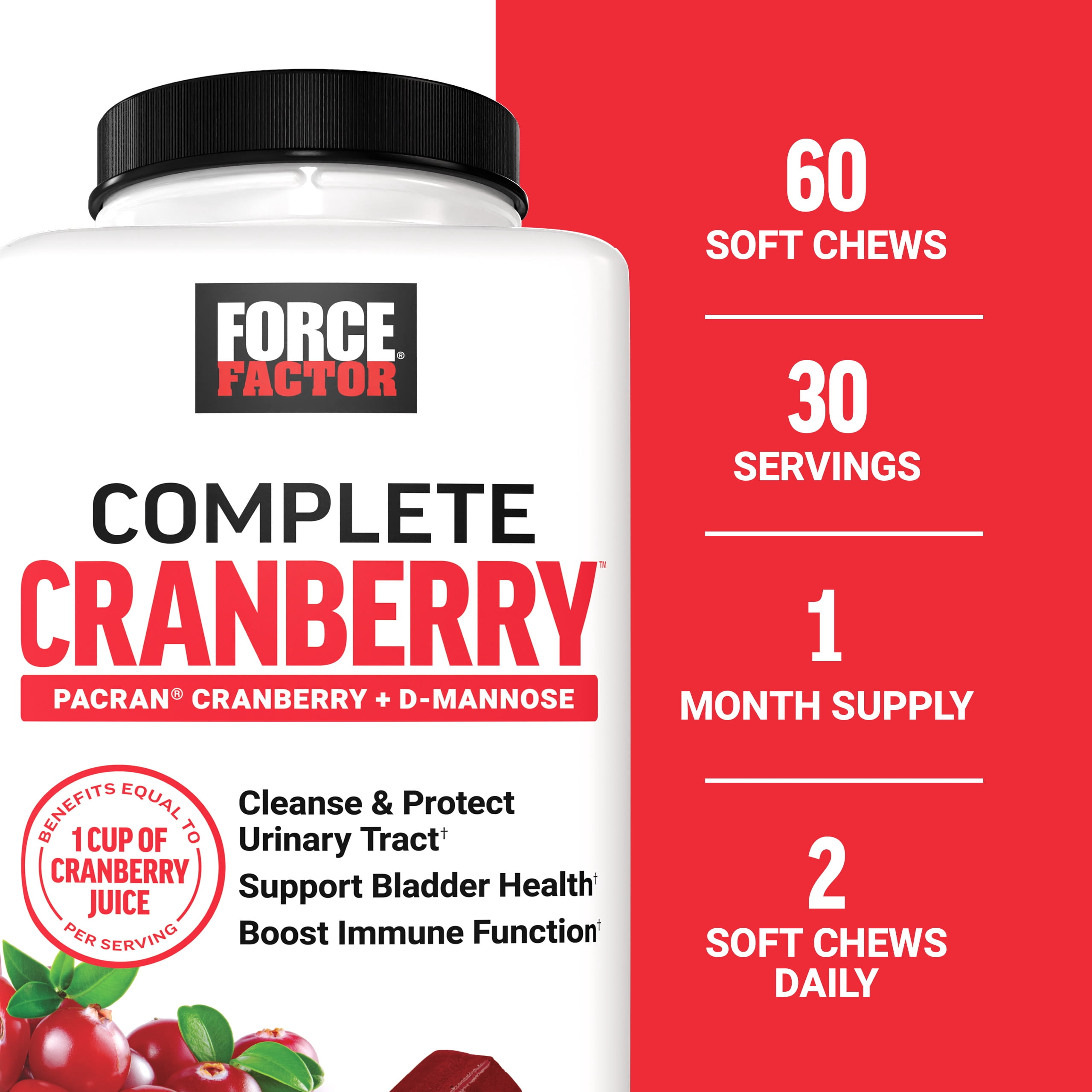 (3 pack) Force Factor Cranberry Soft Chews, Cranberry Supplement with D Mannose and Cranberry Extract to Support Bladder and Urinary Tract Health for Women, Vegan, Sweet Cranberry Flavor, 60 Soft Chews