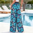 thumbnail image 4 of Morttic Women's Floral Print High Waist Wide-Leg Pants with Smocked Waist – Summer Casual Party Boho Trousers Blue，L, 4 of 5