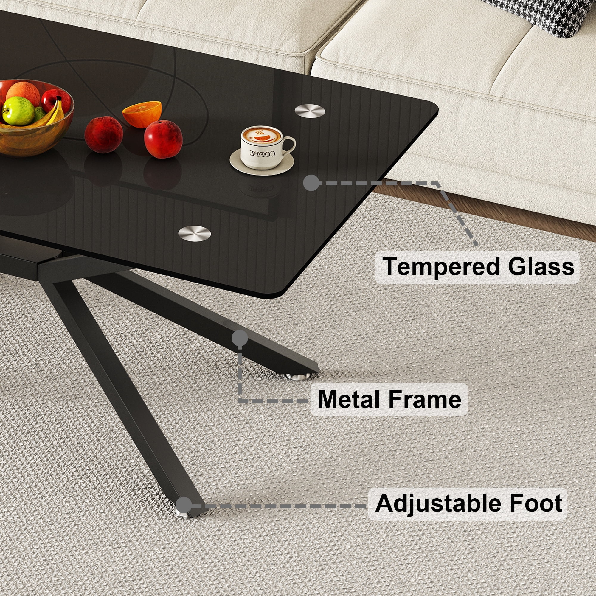 Rectangular Glass Coffee Table 39.37 Inch, Black Tempered Glass Top with Sturdy Metal Legs for Living Room Office Center Table, Modern Minimalist Design