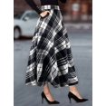 thumbnail image 3 of Women High Elastic Waist Maxi Skirt A-Line Plaid Flare Long Skirt Black & White M, 3 of 5