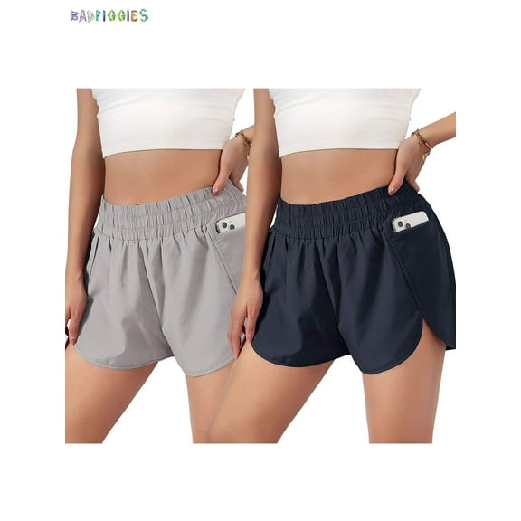 BadPiggies 2-Pack Women's Quick-Dry Running Shorts Elastic High Waisted Athletic Shorts Pants Sporty Workout Shorts with Zipper Pocket (M, Navy Gray)