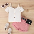 thumbnail image 3 of Hotiary Baby Girl's Suit Solid Color Short Sleeve Suspender Bow Straight Shoulder Button Pit Strip Top + Shorts with Belt 2 Piece Set Infant Toddler for 9 Months-4 Years, 3 of 8