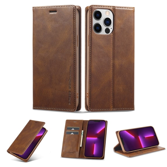 TECH CIRCLE RFID Blocking Wallet Phone Case for Apple iPhone 13 Pro,Drop Protection Luxury Plain PU Leather TPU Interior Magnetic Flip Kickstand Card Slots Phone Case,Brown