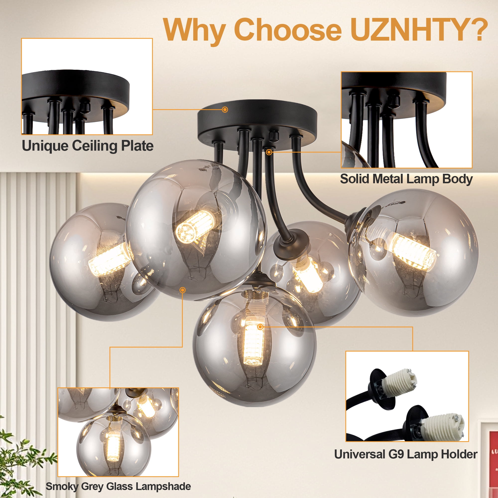 Uznhty Modern Ceiling Light 5-Light Sputnik Ceiling Light Fixture with Smoke Grey Glass Globe Semi Flush Mount Ceiling Light for Hallway Kitchen Bathroom Black 15 Inch