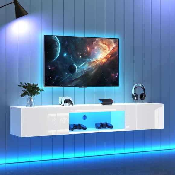 MODERNLUXE Floating TV Stand with LED Lights for TVs up to 70",Modern High Gloss 63" Wall Mounted TV Entertainment Center with Storage Cabinets,Media Console for Living Room,White