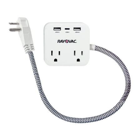 RAYOVAC FL-143SC Surge Protector w/ 2 Outlets and 3 USB Ports, 1.5-Ft. Cord