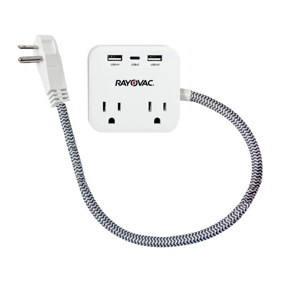 RAYOVAC FL-143SC Surge Protector w/ 2 Outlets and 3 USB Ports, 1.5-Ft. Cord