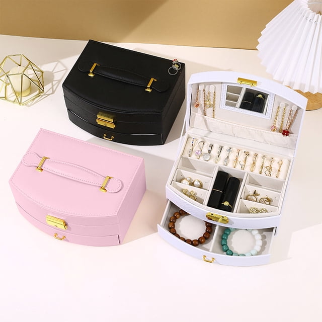 Organizador de caja de joyas con cerradura - Estuche de almacenamiento para joyas de viaje para anillos, pendientes y collares - Caja de exposición portátil con asa para mujeres