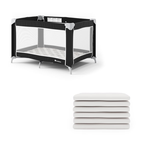 Foundations Play Yard & Sheets Bundle - Commercial-Grade Playpen with Mattress, Storage Bag & 6 White Sheets - Durable for Hotels & Daycares