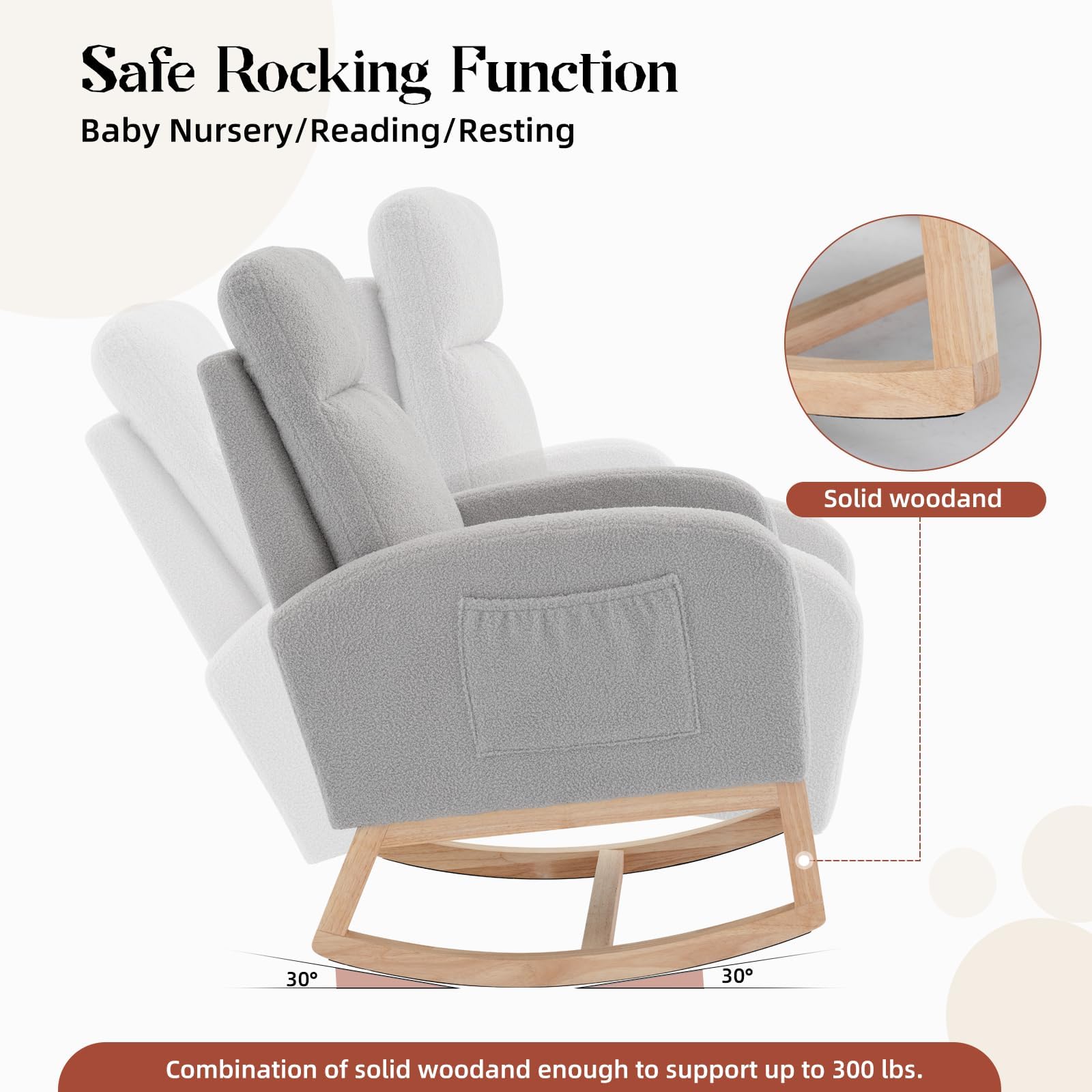 Nursery Glider Rocking Chair with Side Pocket - High Back Rocking Armchair with Rubber Wood Legs, Accent Chair for Living Room, Bedroom, Nursing Room, Nursery