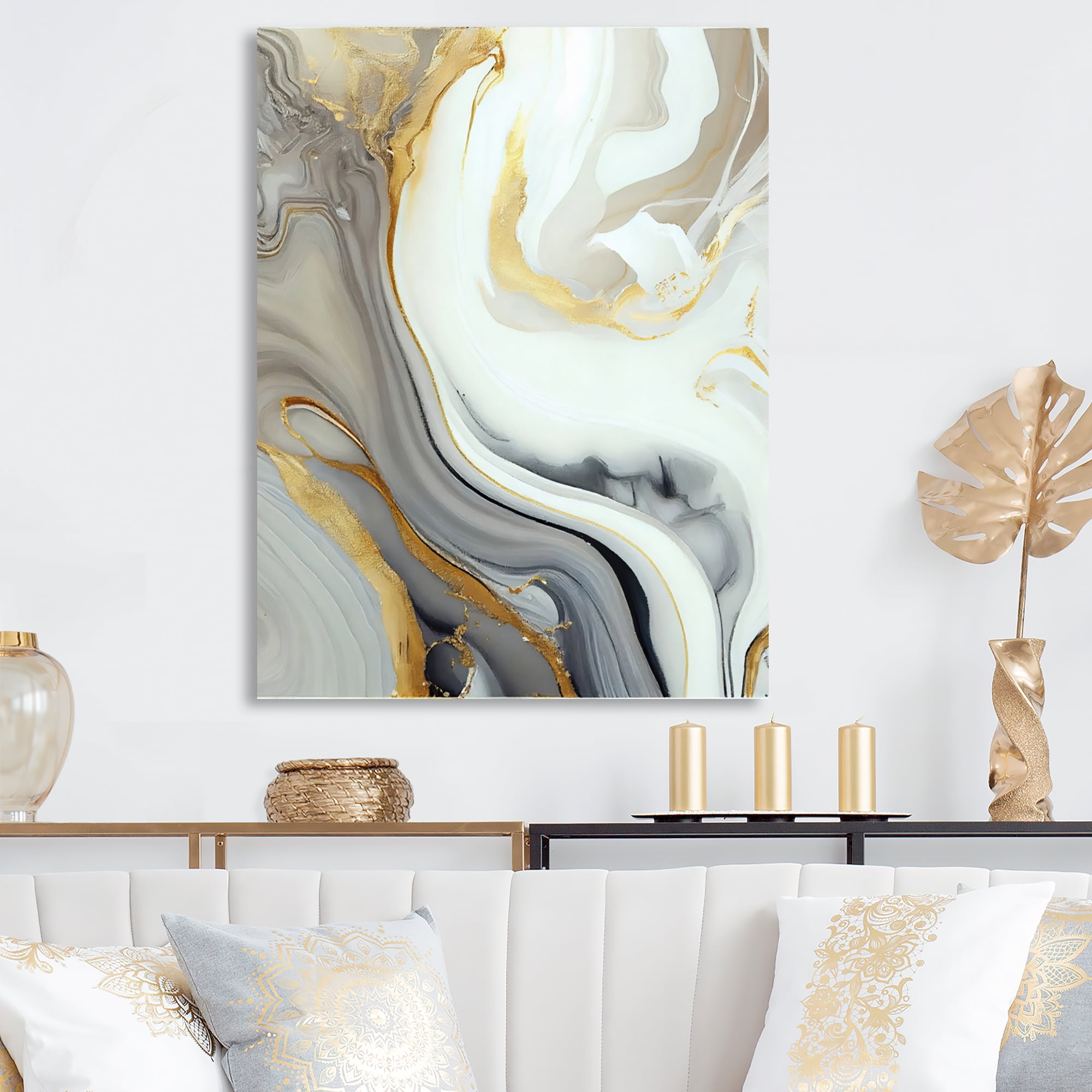 Designart White And Gold Marble Abstract III Canvas Wall Art
