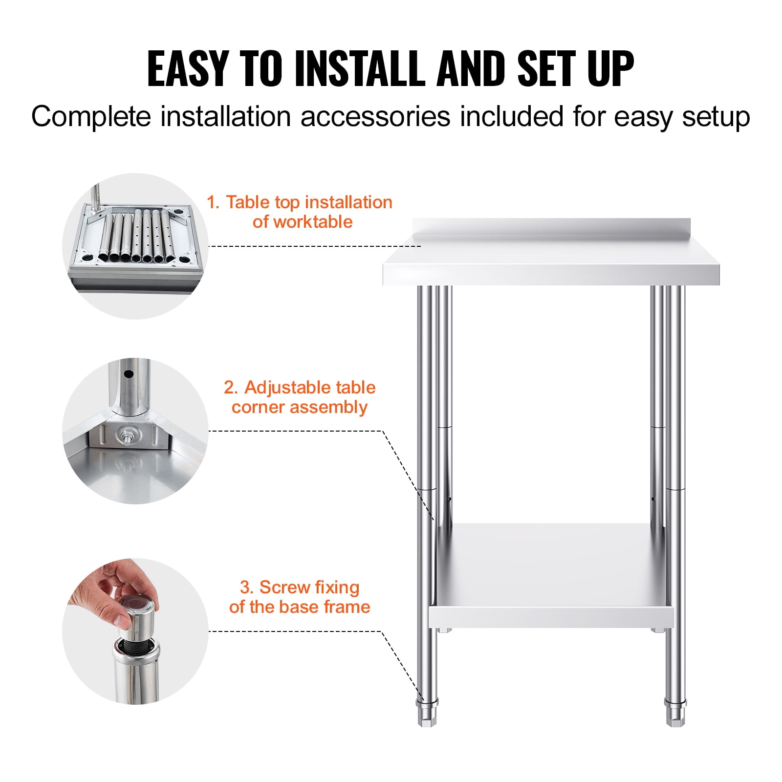 KFFKFF 24x24x36-Inch Metal Food Preparation Table, Durable Stainless Steel Work Table, Adjustable Height, Ideal for Restaurants, Homes, and Hotels