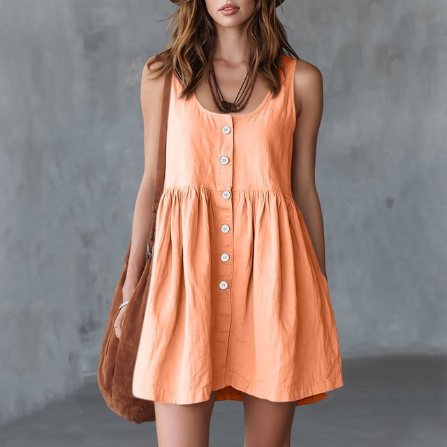 Robes Mini pour Femmes à Col Rond Sans Manches Style Bohème Vacances à Boutons devant Légères Respirantes Coupe Ample Robes