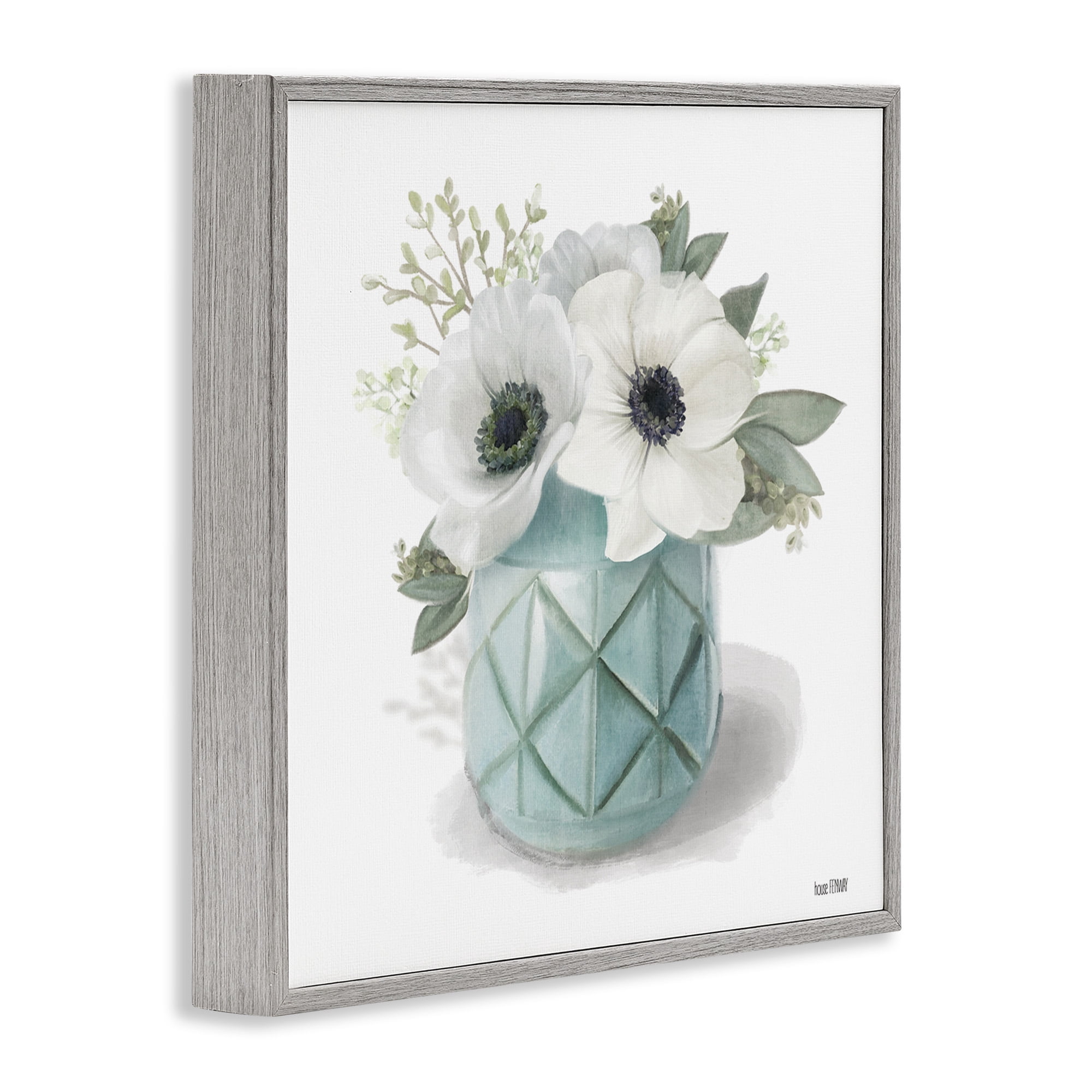 Stupell Industries White Flowers in Turquoise Vase Botanical & Floral Painting Gray Framed Art Print Wall Art, 17 x 17