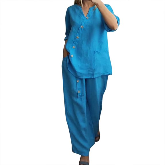NMMUED Linen Sets for Women 2 Piece Summer Shirts Wide Leg Linen Pants Vacation Outfits 3/4 Sleeves Tops Wide Leg Trouser Pants Suits Cotton Linen Gauze Matching Set Women Blue L