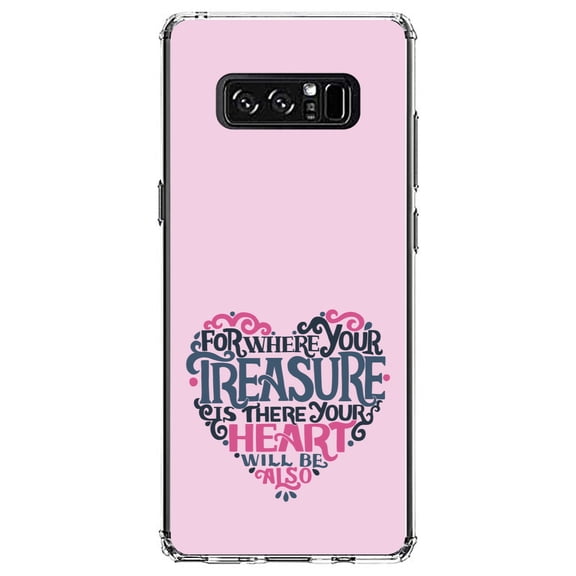 DistinctInk Clear Shockproof Hybrid Case for Samsung Galaxy Note 8 - TPU Bumper, Acrylic Back, Tempered Glass Screen Protector - For Where Your Treasure Is There Your Heart Will Be