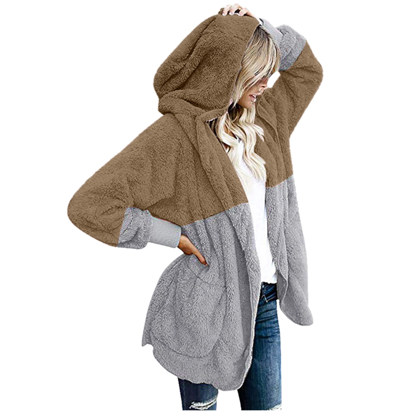 Women Coats Womens Splicing Oversized Fuzzy Fleece Open Front Hooded Draped Pockets Cardigan Coat