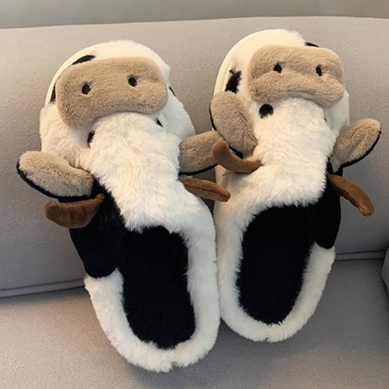 Fuzzy Cow Slippers,Cartoon Cow Cotton Slippers,Winter Cozy Warm Indoor Outdoor Cute Plush Anti-Slip Scuff Animal Slippers for Women. 