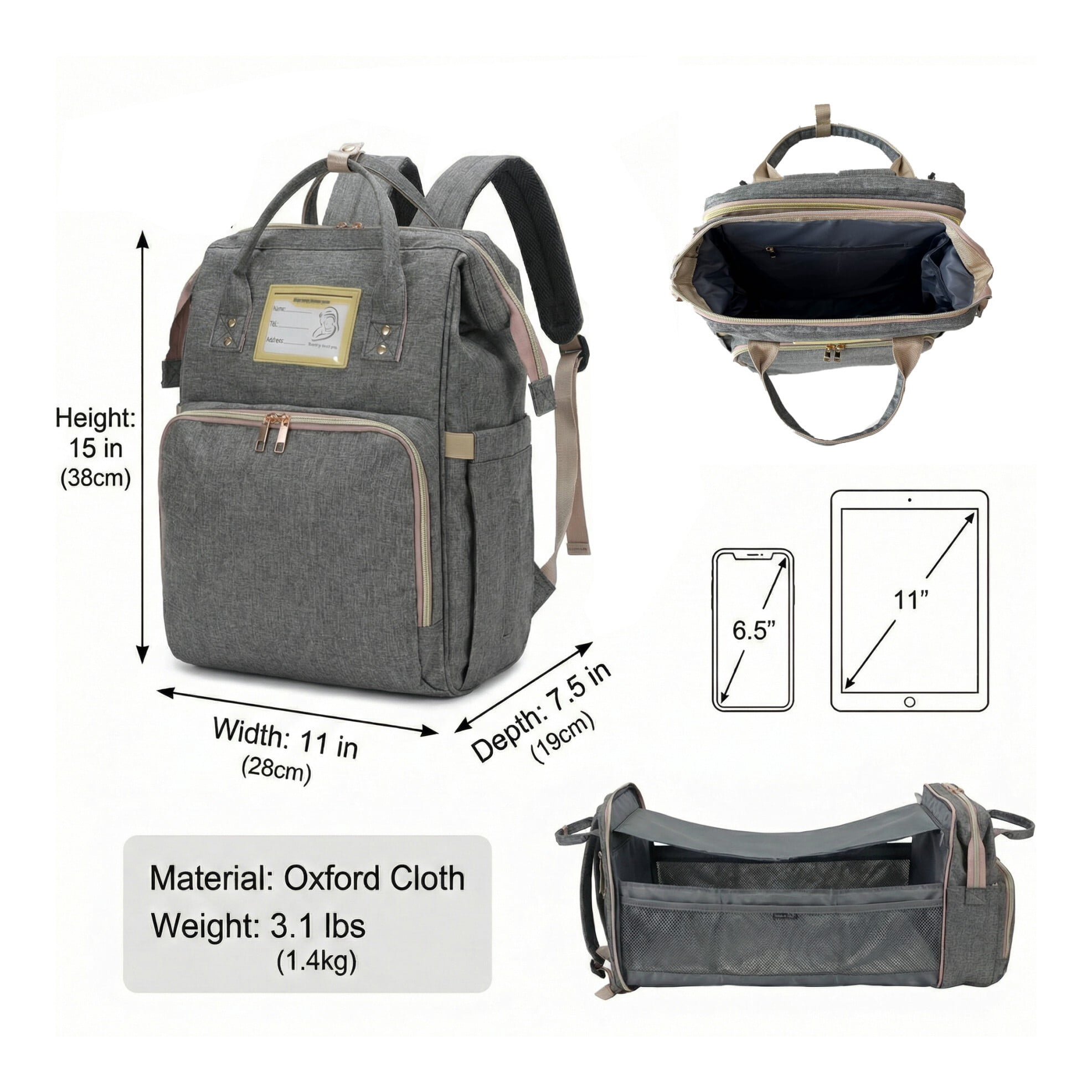 Diaper Bag Backpack, Multifunctional Baby Changing Bag with Foldable Crib and Insulated Bottle Pockets, a Must-Have for Baby Travel, with USB Charging Port and Stroller Straps (Gray)