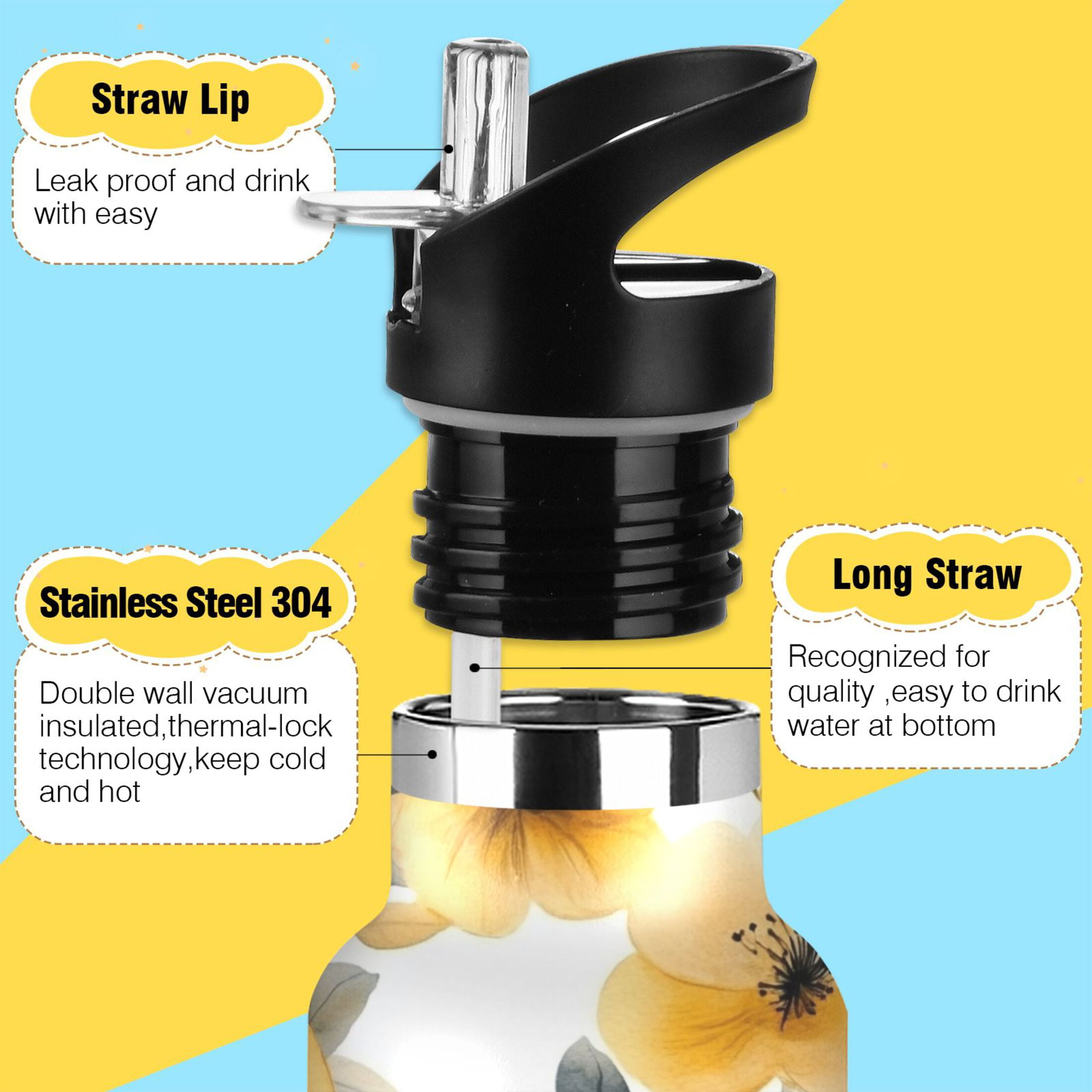 600ML Stainless Steel Insulated Cup Sports Water Bottle Portable Thermos Cup Water Glasses Insulated Tumblers Convenient and Durable Cartoon Yellow Flowers