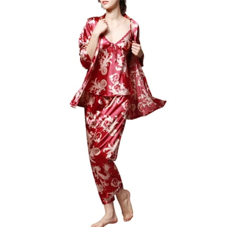 

Women s Pajamas Set 3-Piece Silk Satin Sleepwear Printed Nightwear Included Short Robe Tank Top and Pants Gift for Lady New