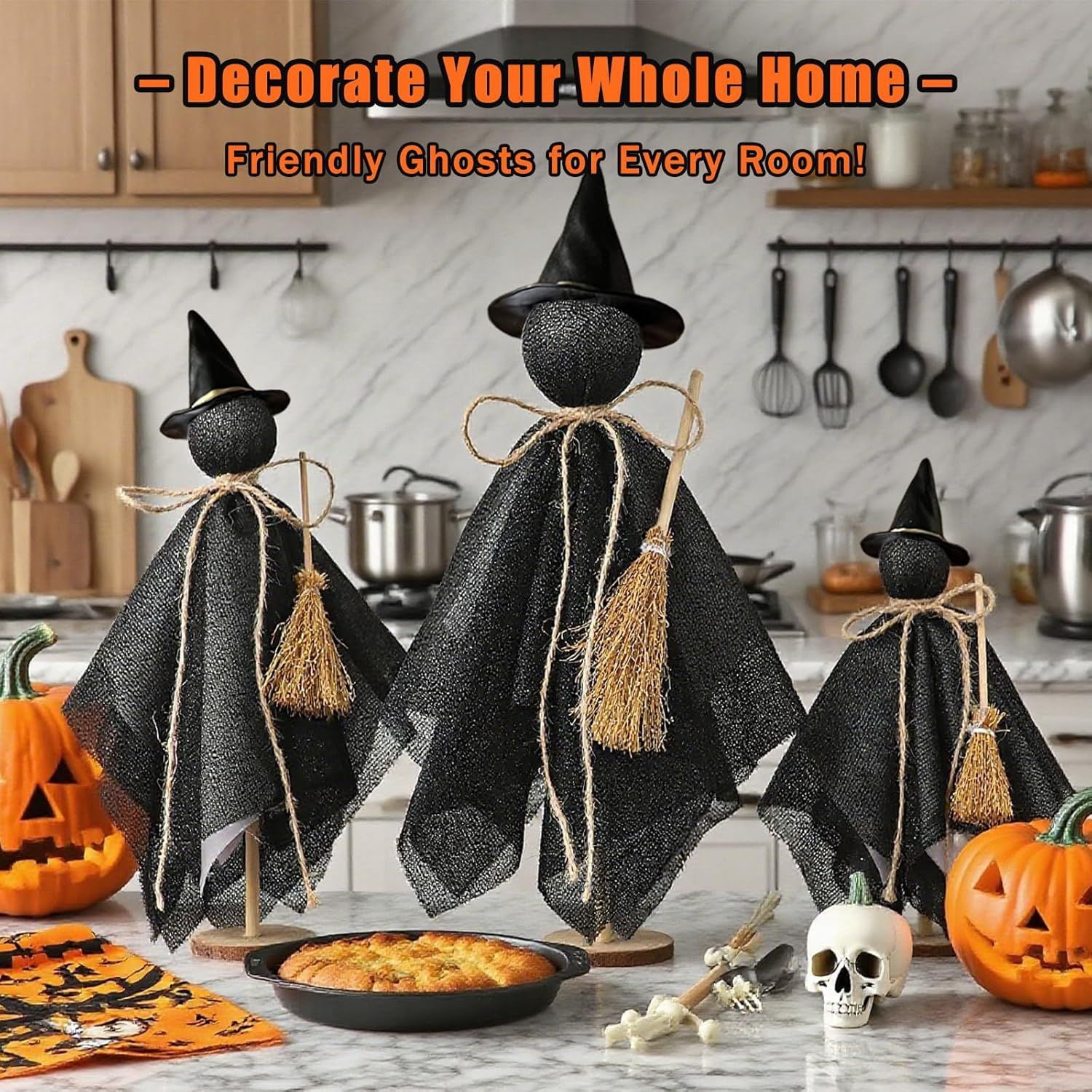 Primitive Halloween Ghost Set with Wizard Hats on Wooden Stands for Rustic Home Decor
