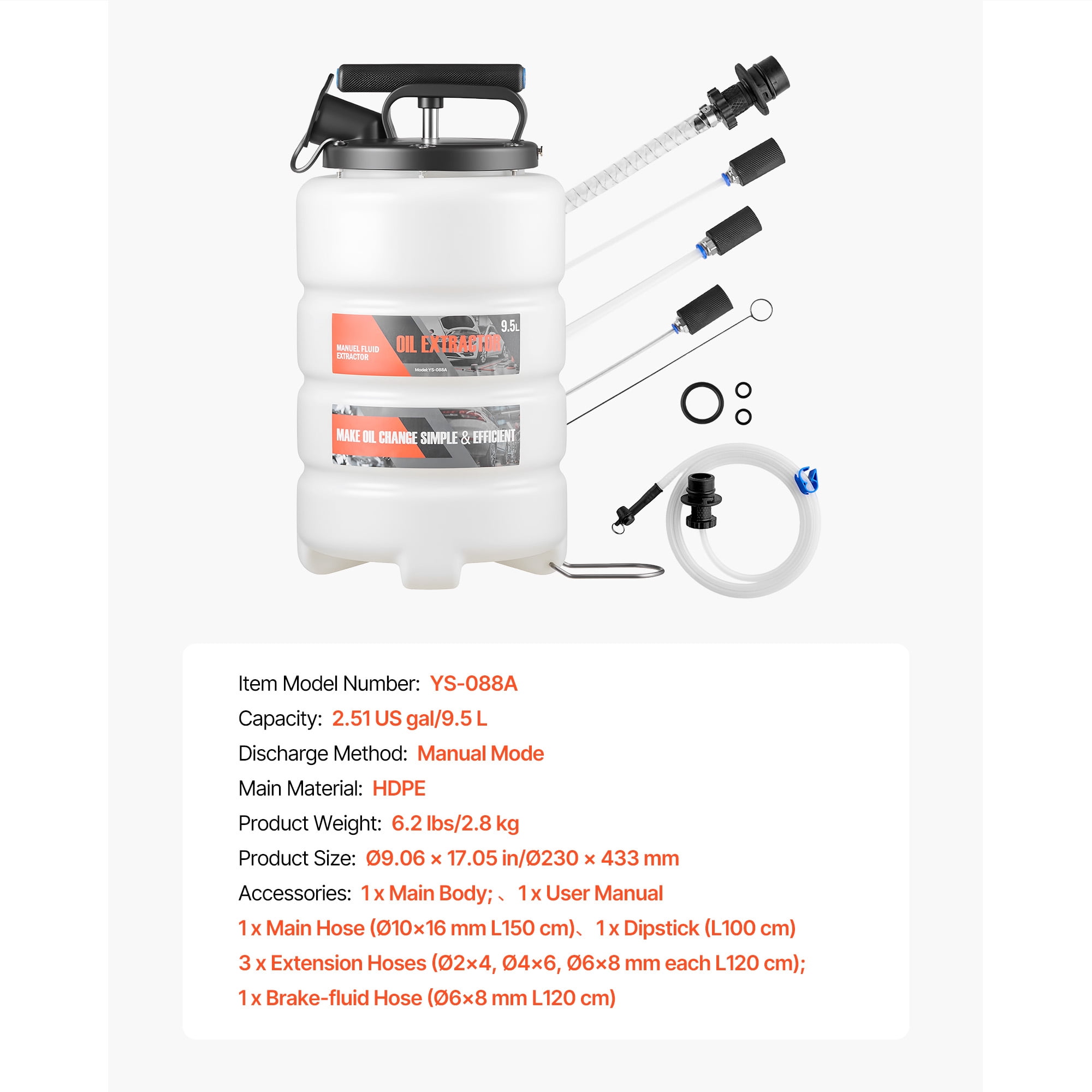 KFFKFF 9.5L Manual Vacuum Fluid Extractor Pump with 59-Inch Hose & Three 47-Inch Extension Tubes, Durable HDPE Tank for Oil Changes in Cars, Lawn Mowers, Boats, and Motorcycles