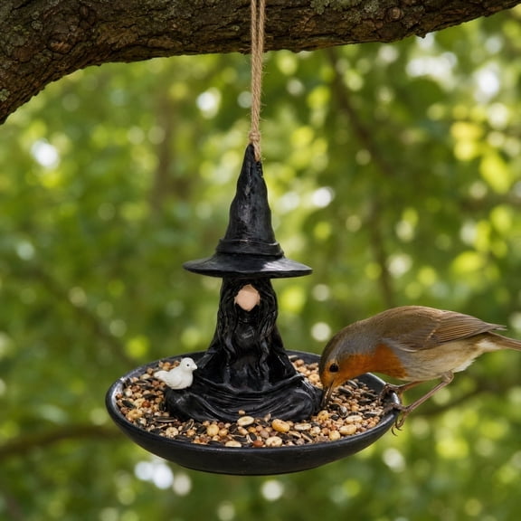 Black Witch Hat Bird Feeder, Hanging Outdoor Garden Decor for Wild Birds, Resin Squirrel Proof Tray for Backyard Patio, Unique Gift for Women Mom Grandma