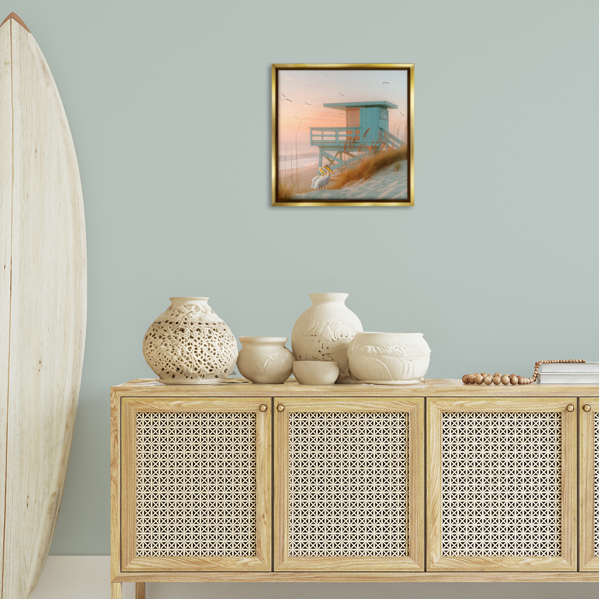 Stupell Industries Coastal Charm Beach Hut Coastal Painting Gold Floater Framed Canvas Art Print Wall Art, 18 x 18