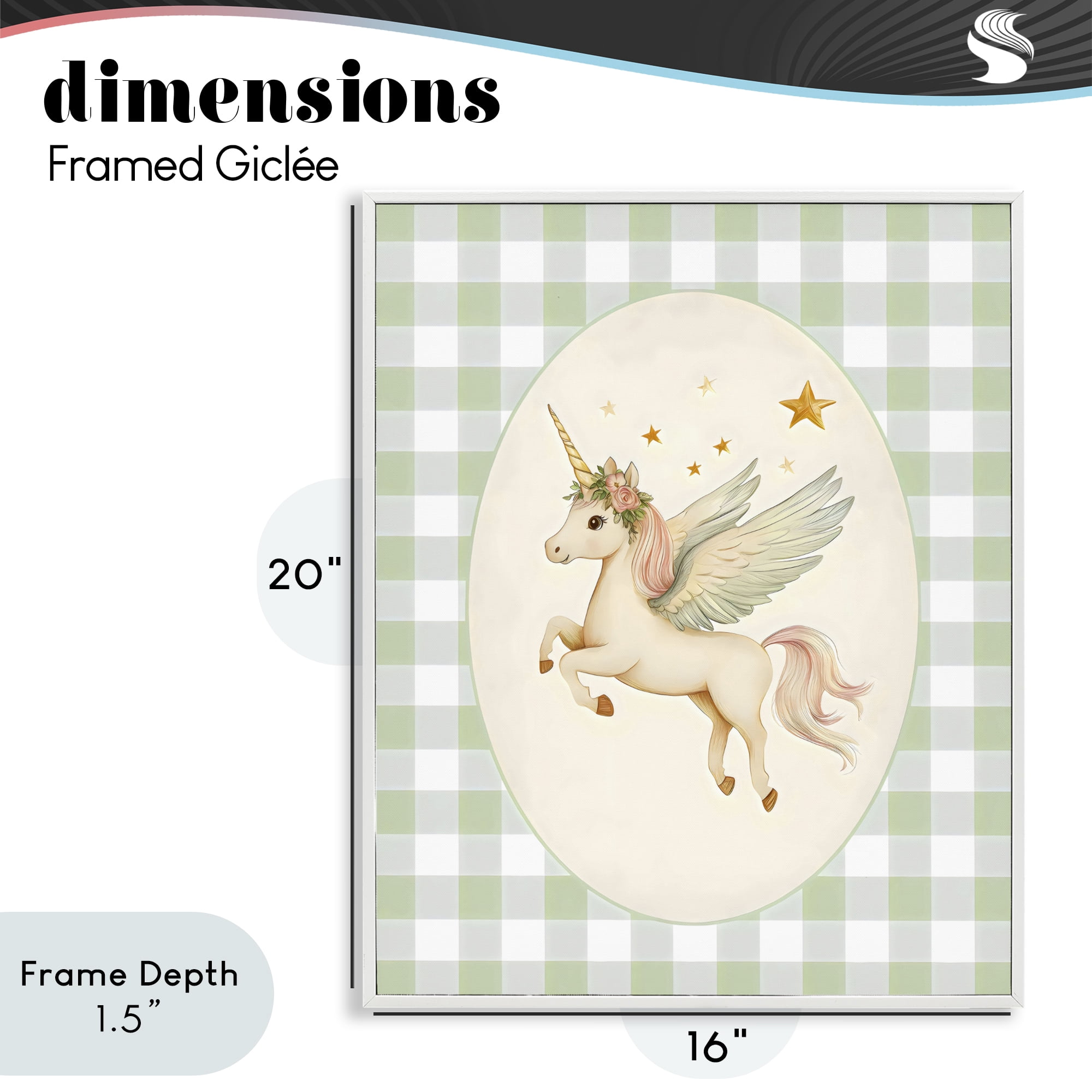 Stupell Industries Winged Unicorn over Green Gingham White Framed Giclee Art, design by Arlington Prints