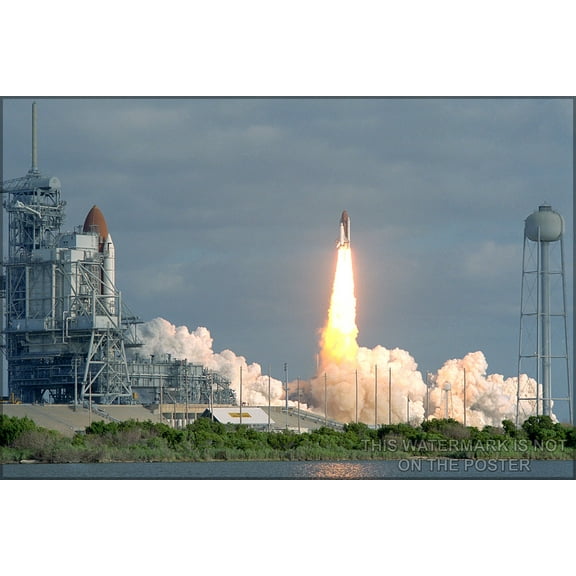 24"x36" Gallery Poster, space shuttle discovery carrying hubble space telescope