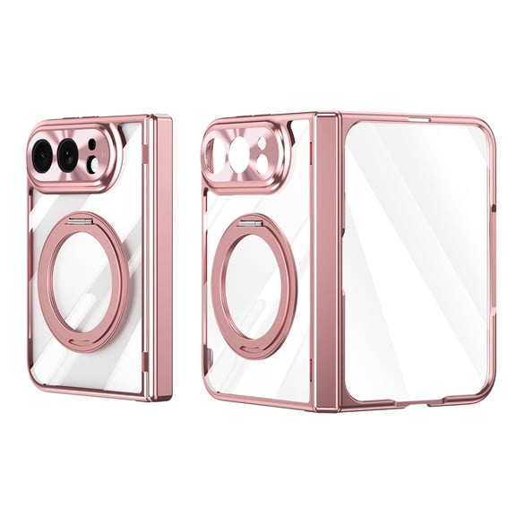 ELEHOLD Rugged Case with Built-in Screen Protector For iPhone Duo,Shockproof Hard PC Plating Ring Kickstand Protective Cover Hinge Protection,Pink
