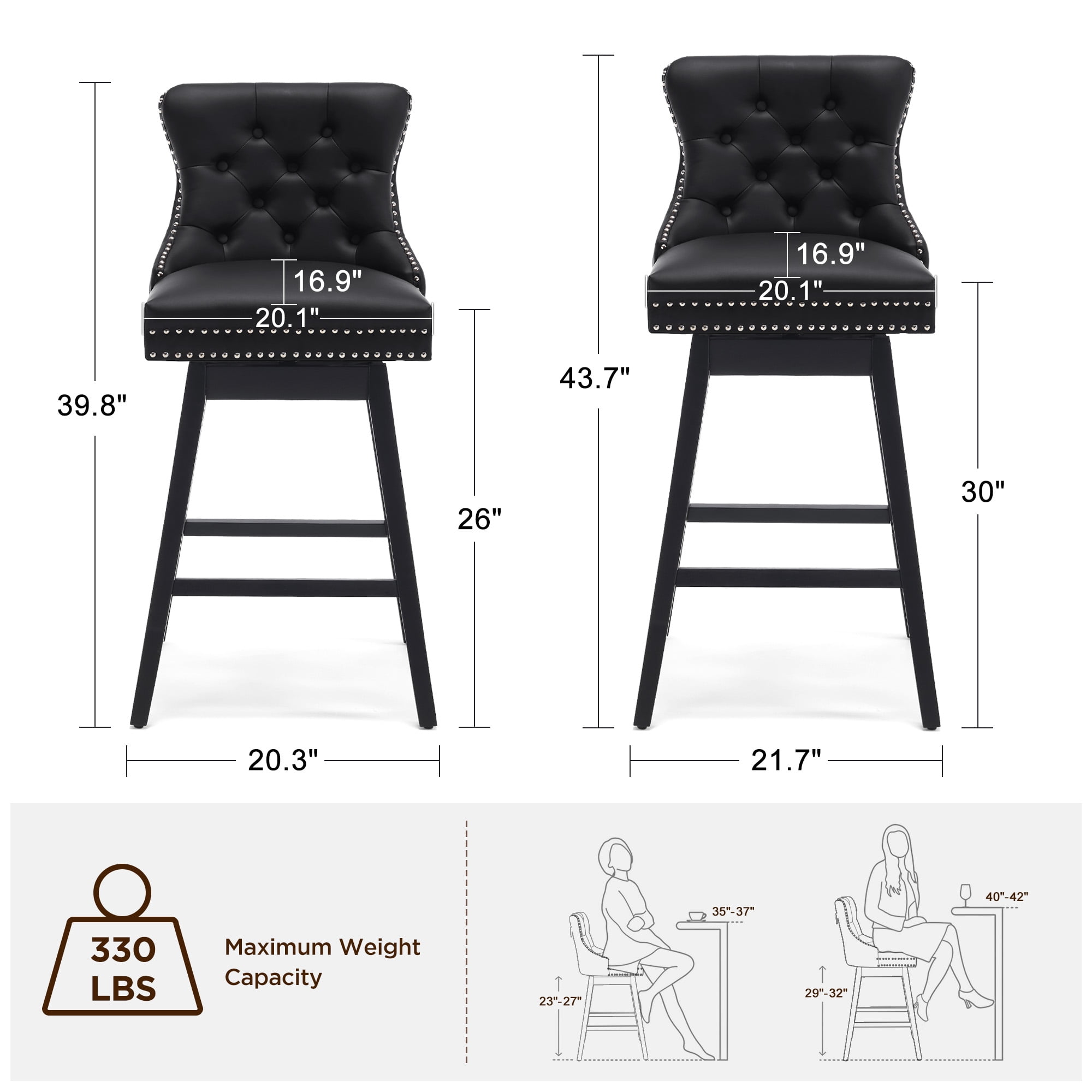 Tewloss 30" Swivel Bar Stools Set of 4 With Back Leather Bar Height Chairs for Home Kitchen, Black