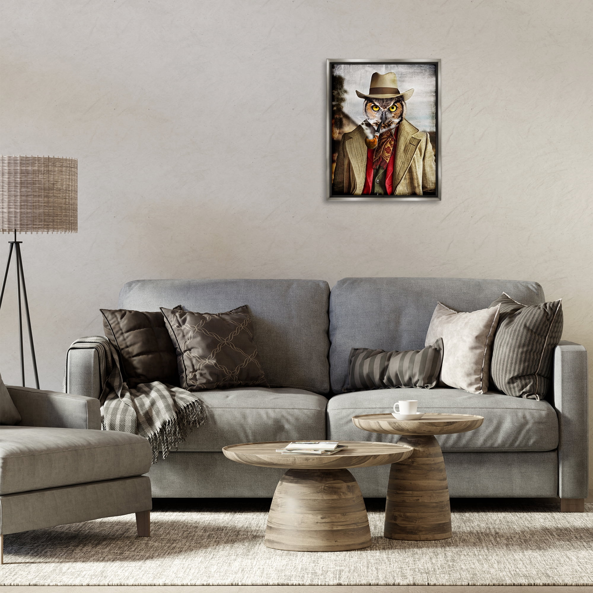 Stupell Industries Owl with Classic Pipe Animals & Insects Painting Gray Floater Framed Canvas Art Print Wall Art, 17 x 21