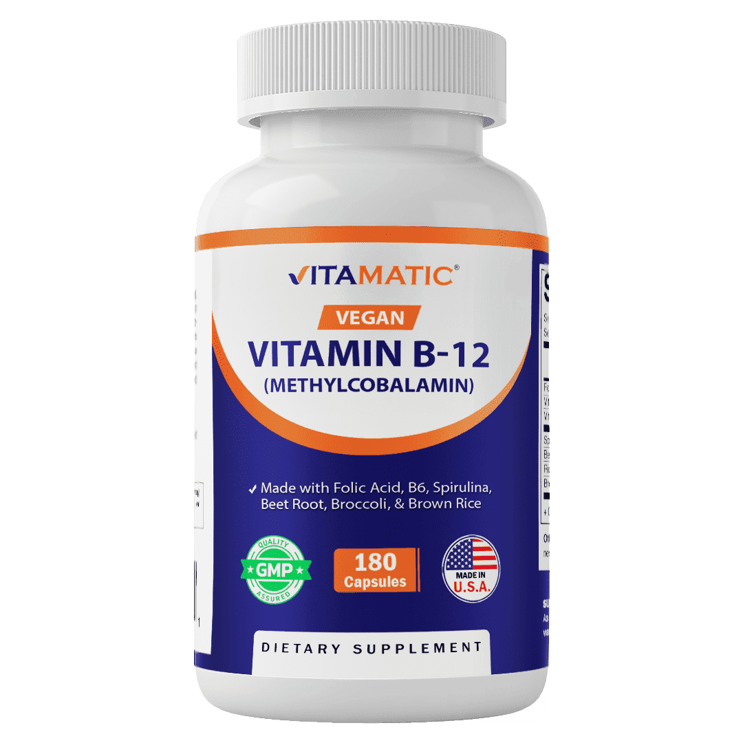 Vitamatic Vegan B12 1000 mcg - Methyl B12 with Folic Acid, Vitamin B6, Spirulina, Beet Root, Broccoli & Brown Rice - Supports Healthy Mood, Energy, Heart & Eye Health - 180 Capsules