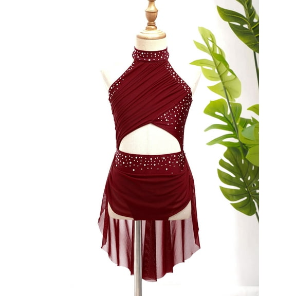Yruioon Big Girl's Camisole Lyrical Dance Dress Ballet Gymnastics Skirted Leotard Latin Jazz Modern Burgundy 6