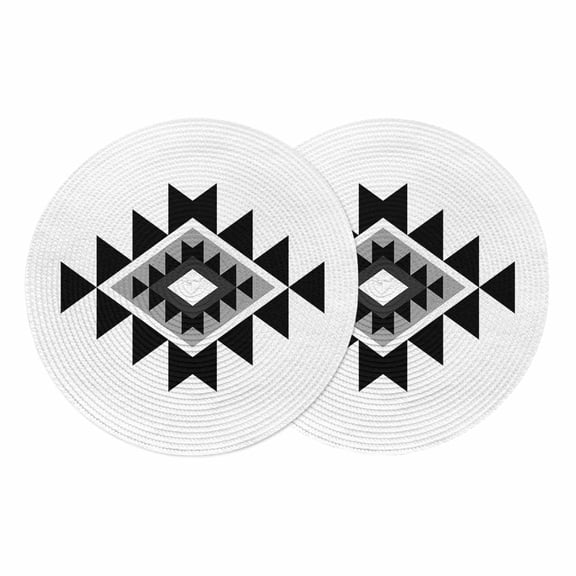 Black Gray Boho Round 15 Inch Placemats Set of 2, Modern Abstract Geometric Lattice HeatResistant Non Slip Place Mats for Dining Table, Wipeable Braided Kitchen Table Mats for Housewarming