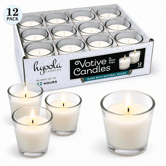Hyoola Unscented 12 Hour White Votive Candles in Clear Glass Cups, Paraffin Wax with Cotton Wicks, 12-Pack