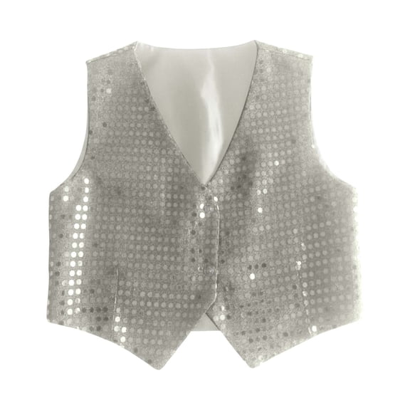 FINALGANG Boys Kids Solid Color Sequin Cropped Vest Sleeveless V Neck Button Closure Shiny Formal Waistcoat For Party Special Occasions White 8-9 Years