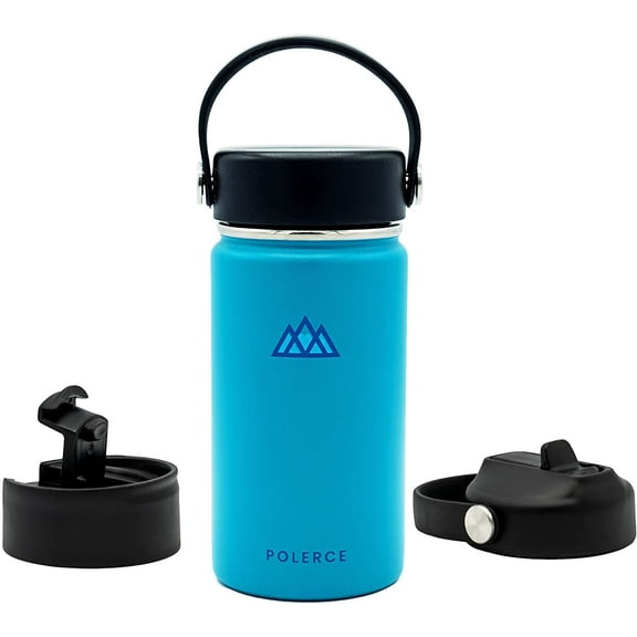 Vacuum Insulated Bottle with 3 Lids - Stainless Steel Thermally Insulated Flask - by Polerce (12 Oz, Aqua (Blue))