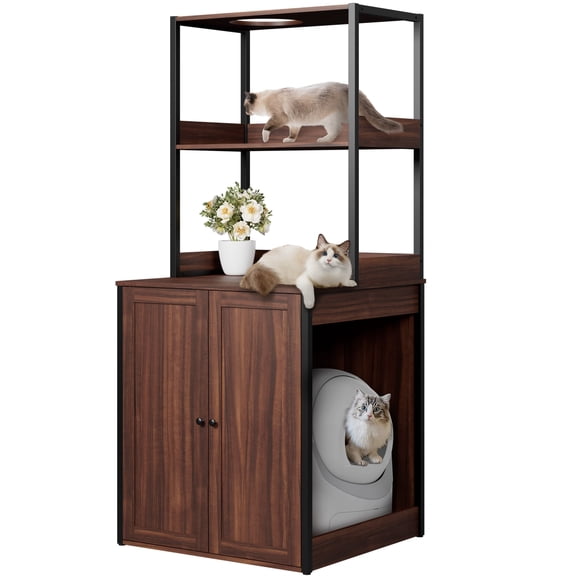 NARTRU Large Litter Box Enclosure for Self Cleaning Litter Box, Hidden Automatic Cat Litter Box Furniture with Shelves, Walnut