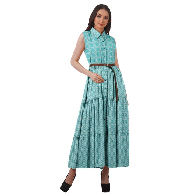 Moomaya Robe Chemise Longue Femmes Imprimée Sans Manches Robe d'Été Chemise à Boutons