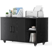 Bealife 2 Tier Home Office Lateral File Cabinets with Dual Doors, Mobile Wood Printer Stand Cabinet with Open Storage Shelves and Lockable Wheels-Black