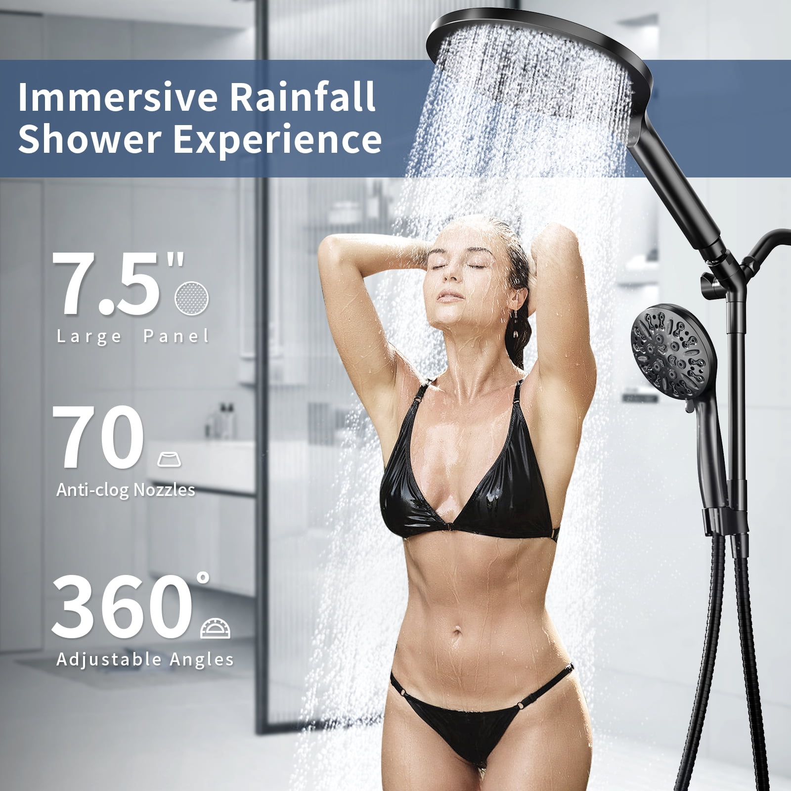 KAIYING Dual Shower Heads with Handheld Spray, 9-Mode Rain Showerhead, High Pressure, 79-Inch Hose, Matte Black
