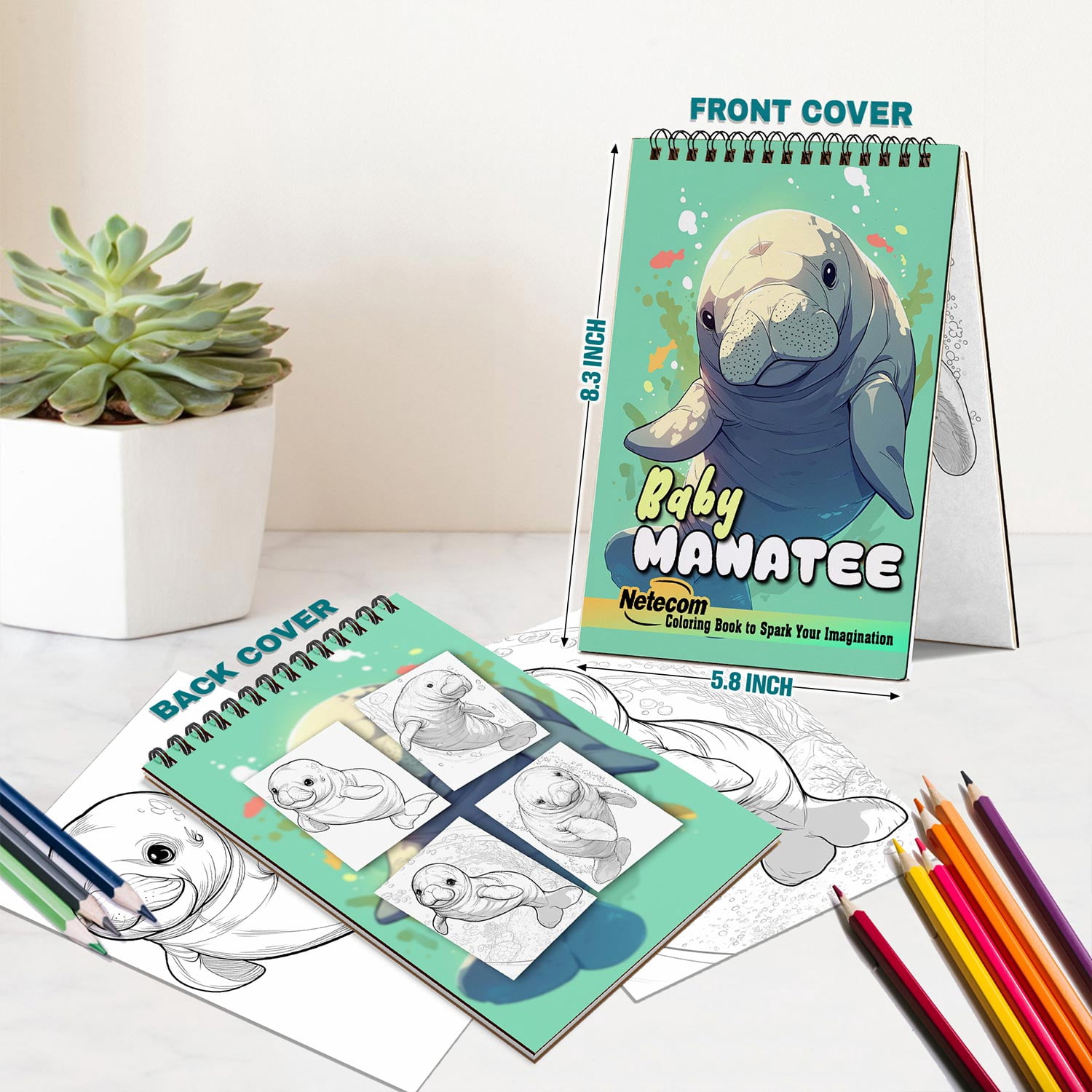 Netecom Baby Manatee Coloring Book for Adults, A5 Wooden Cover, 30 Cute Coloring Pages of Sea Cow for Stress Relief and Relaxation, Spiral Bound Edition