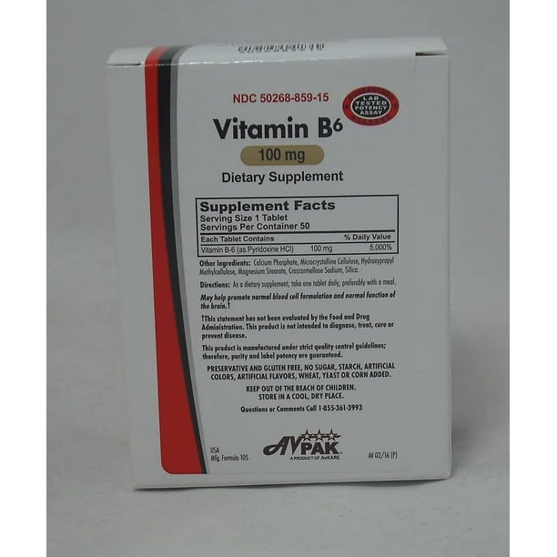 Vitamin B6 Tablets 100 MG, 50 Count